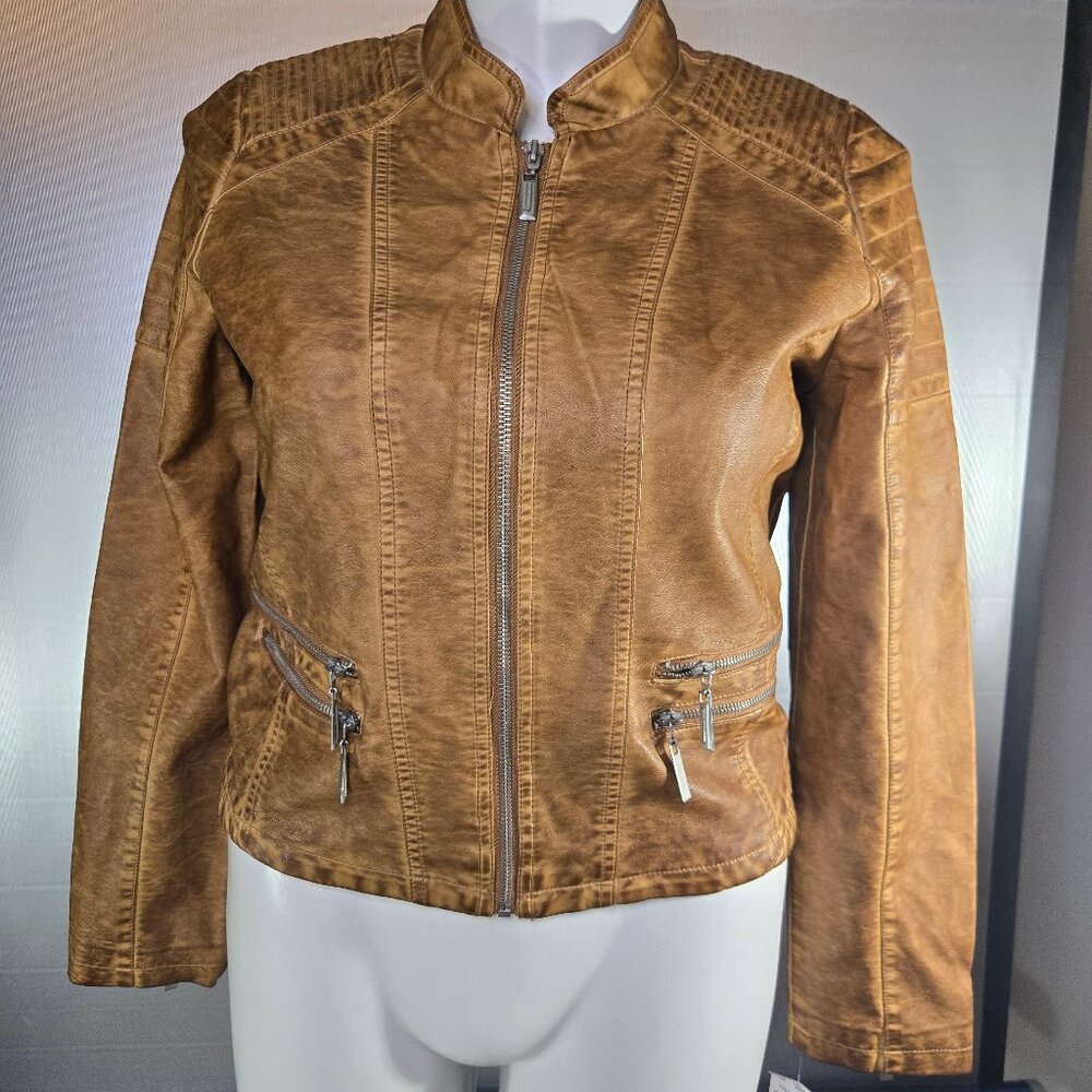 Joujou XL Vegan Leather Jacket Tan Washed Leather Look Biker Style